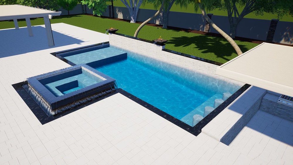 3D rendering of an L-shaped geometric pool design featuring a raised perimeter-overflow spa, swim-up bar stools, and tanning ledge