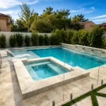 3D pool design rendering side by side with completed backyard swimming pool construction