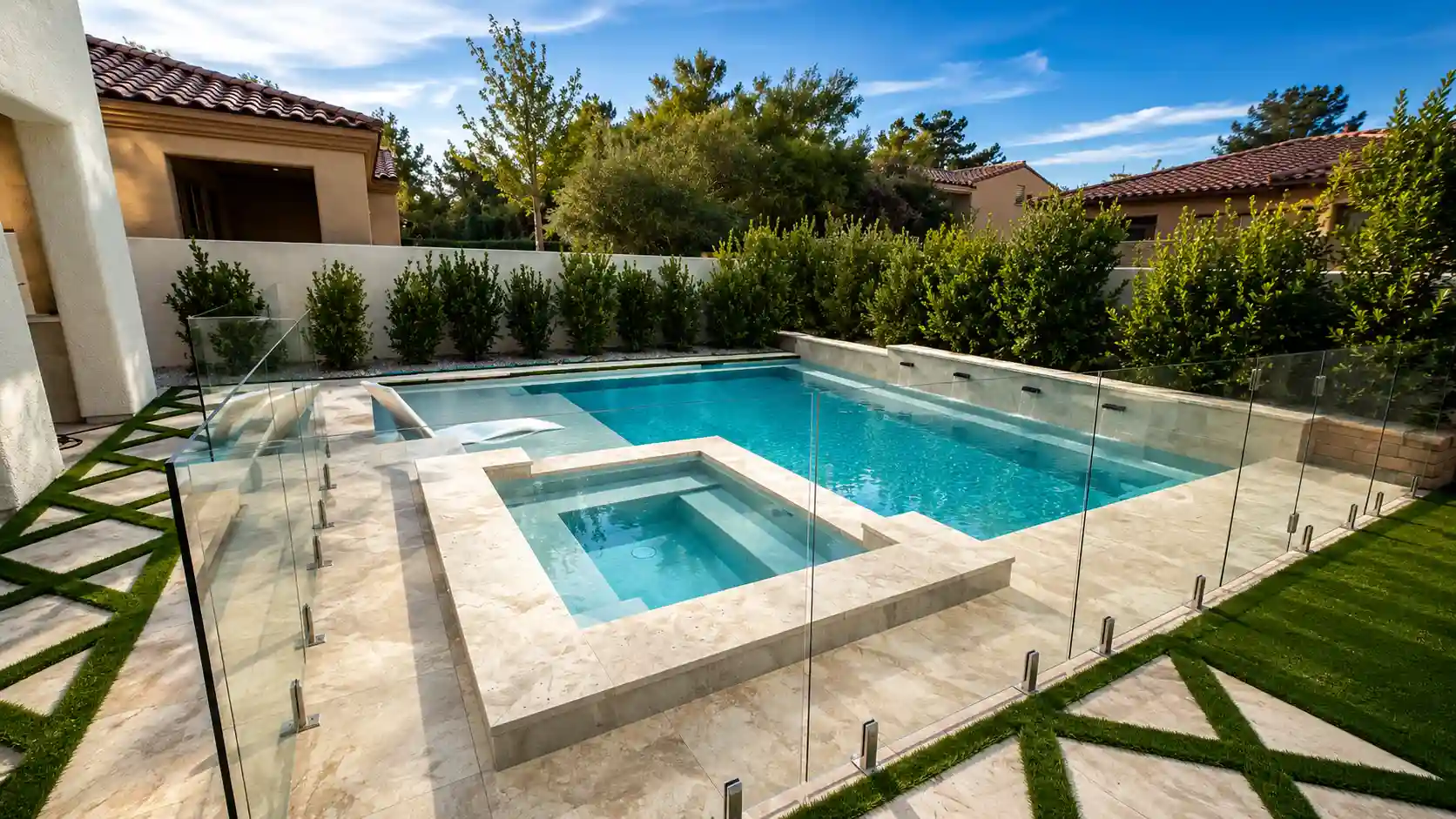 3D pool design rendering side by side with completed backyard swimming pool construction